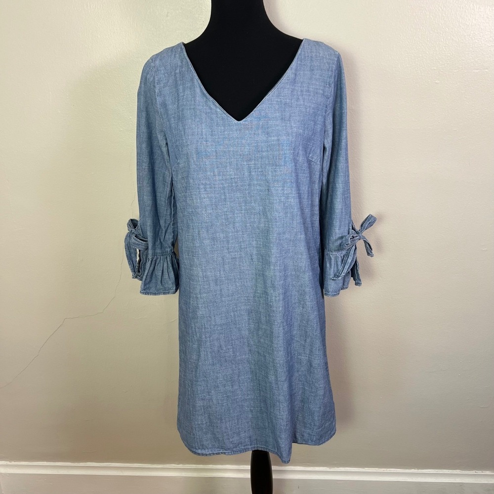 J. Crew Chambray V Neck Tie Sleeve Shift Dress Blue Size 6 - Picture 1 of 8